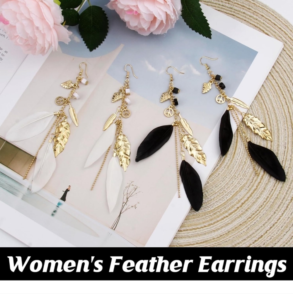 Elegant Gold And Black Feather Earrings 2 Pair